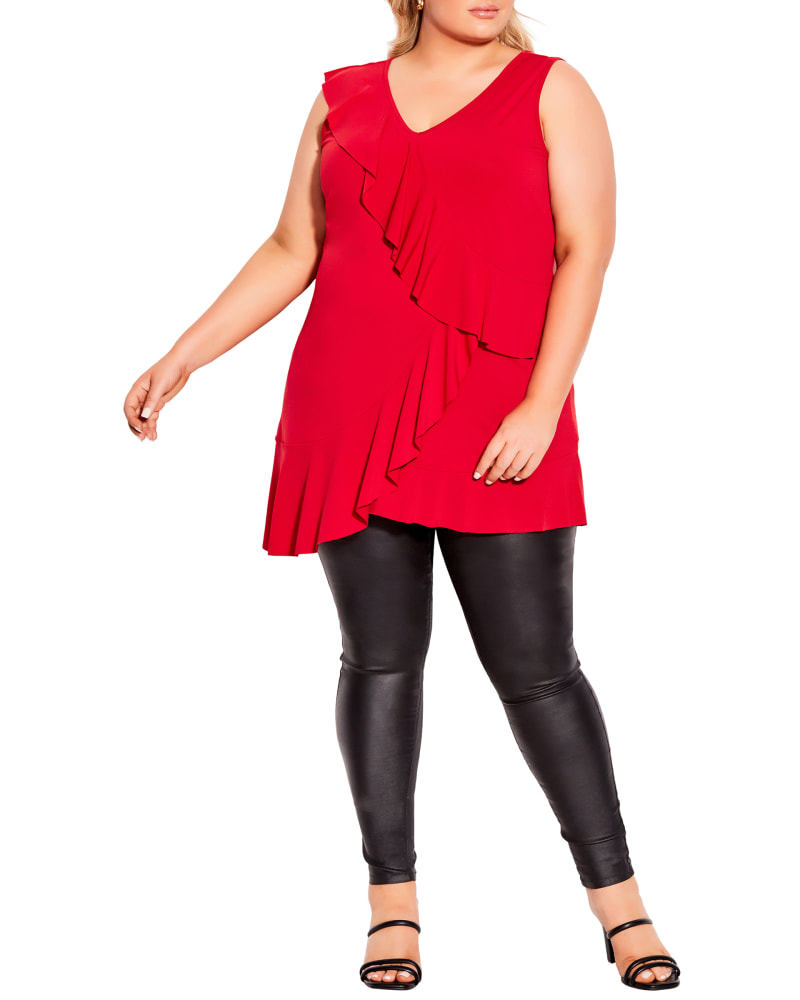 Plus size model wearing Luna Sleeveless Ruffle Tunic by Avenue | Dia&Co | dia_product_style_image_id:191259